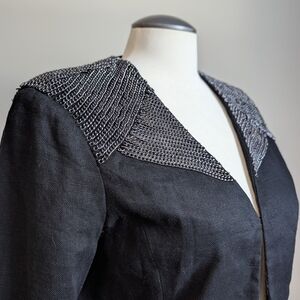 Linen Cotton Blazer Jacket Chain Metallic Large Black Gunmetal Tailored Workwear